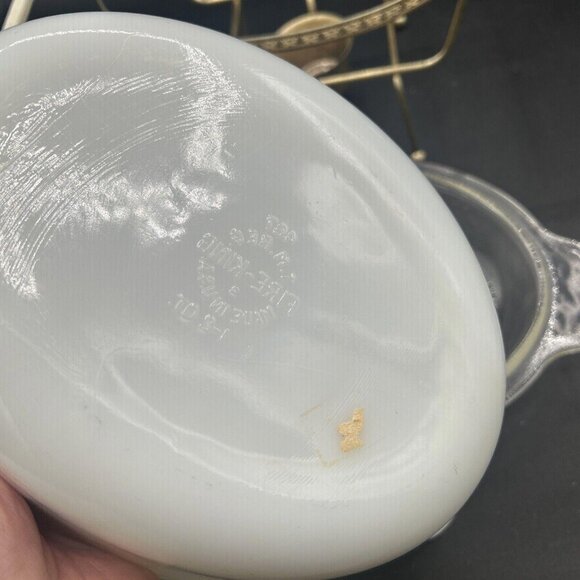 Fire King Milk Glass Casserole Dish w/ Clear Lid 1.5 QT w/ Cradle Candle-Warmer - Picture 9 of 10